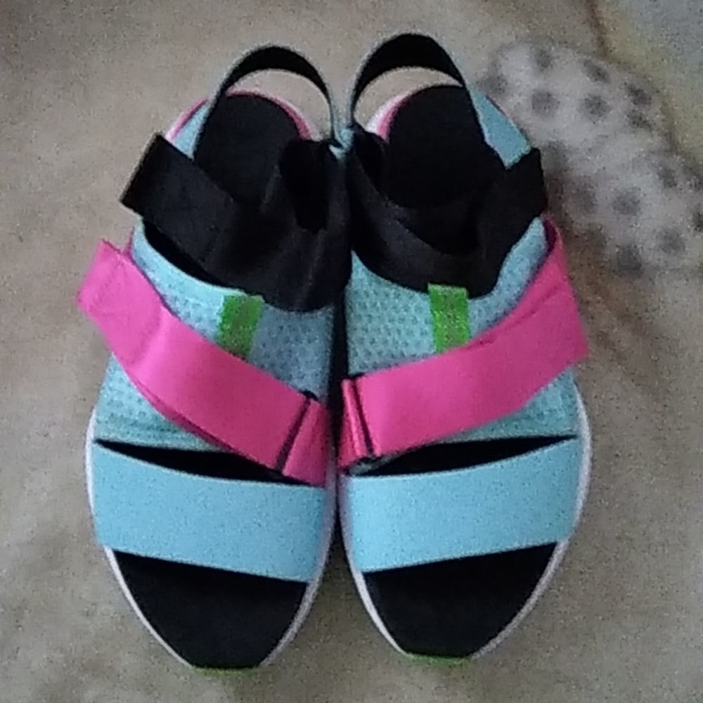 Sorel Women's Sandals in Light Blue, Pink, Black with Green Accents